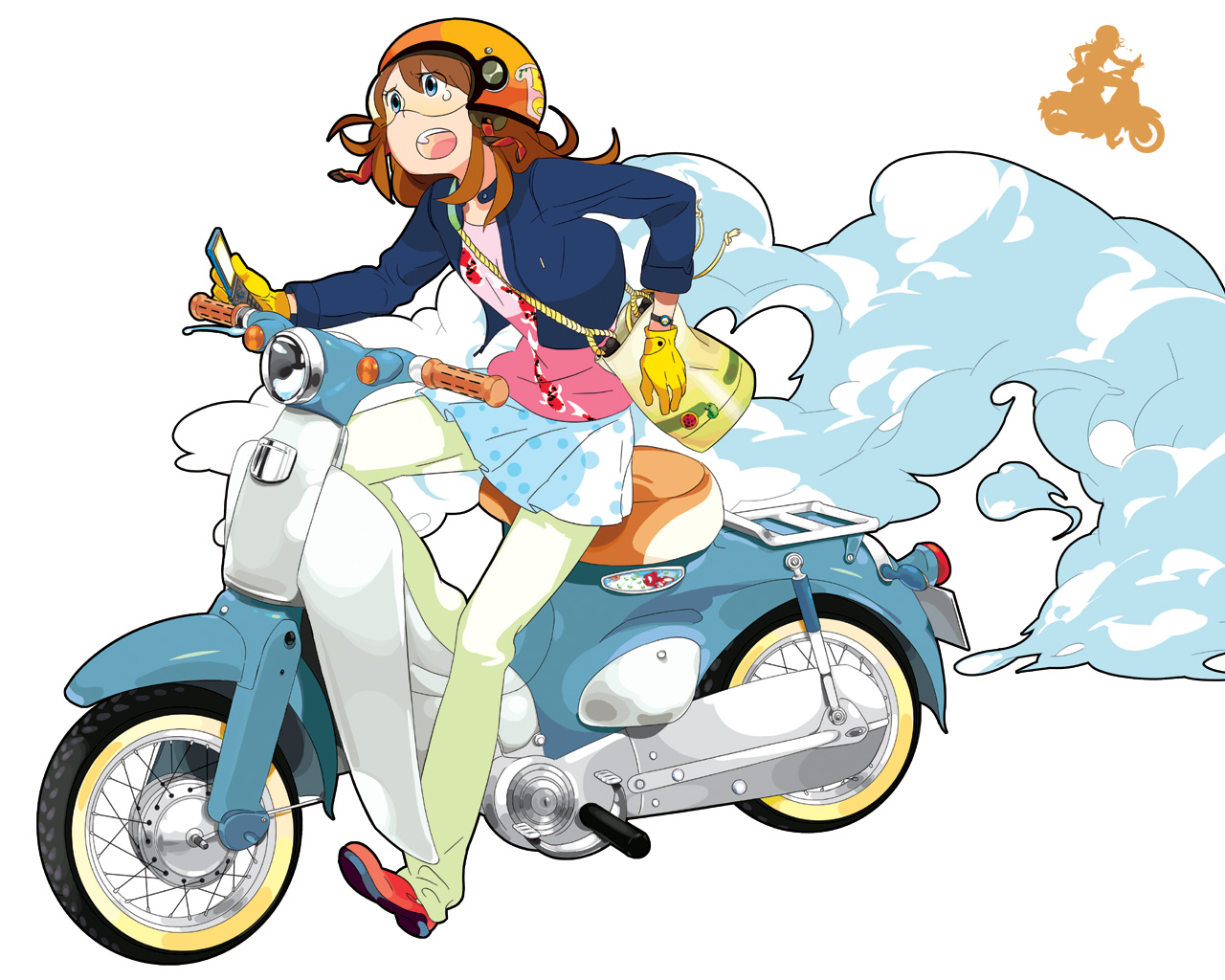rakuraku, vehicle, bag, blue eyes, brown hair, cellphone, gloves, honda cub, motor vehicle, motorcycle, phone, simple background, solo