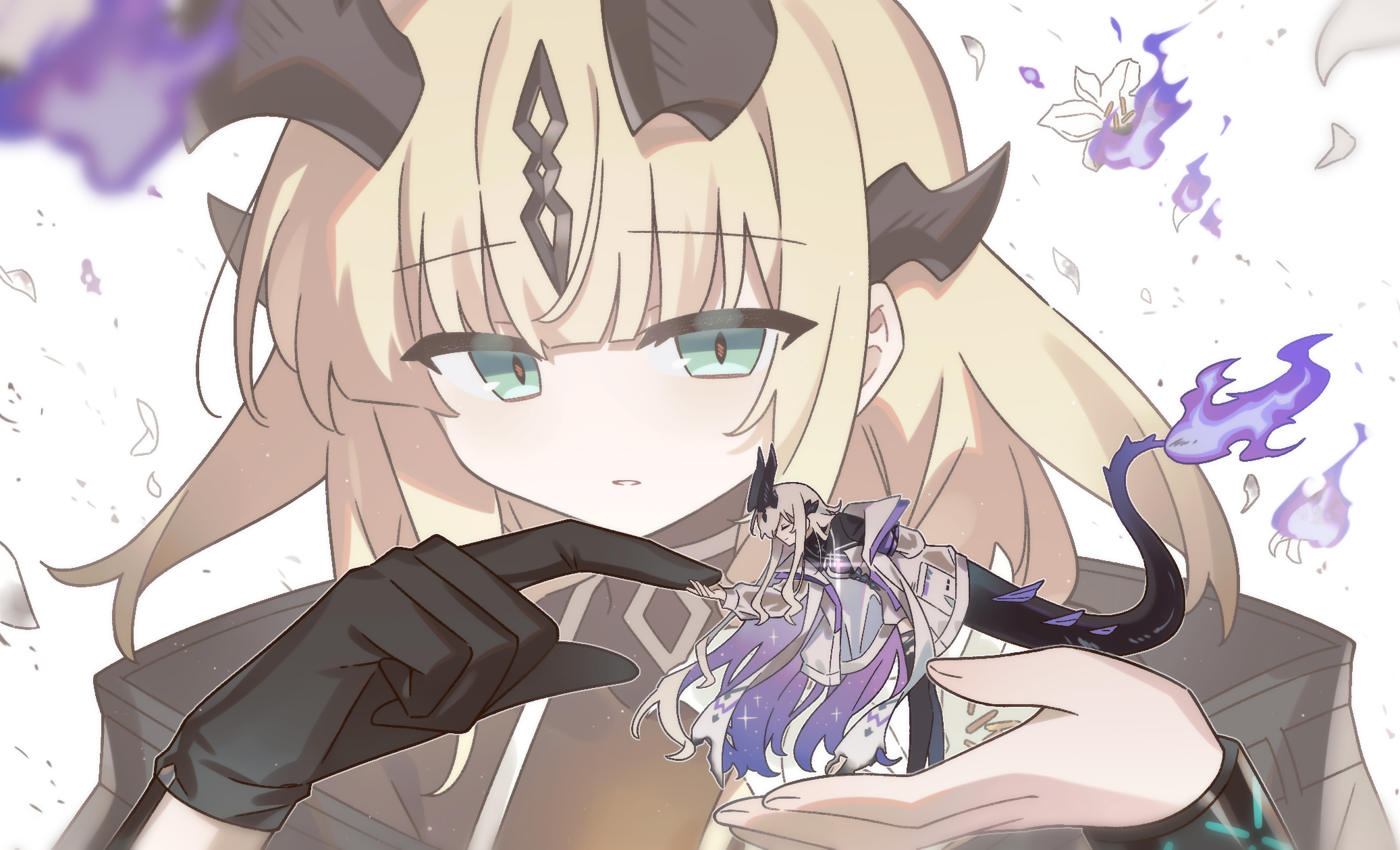 isikishoku akn, infection monitor (arknights), necrass (arknights), reed (arknights), reed the flame shadow (arknights), arknights, highres, 2girls, black gloves, black horns, blonde hair, bowing, closed eyes, dragon girl, dragon horns, dragon tail, dress, fire, flame-tipped tail, flower, gloves, holding, holding mini person, horns, light in heart, lily (flower), long hair, long sleeves, medium hair, mini person, multiple girls, multiple horns, parted lips, single glove, tail, very long hair, white background, white dress, white flower