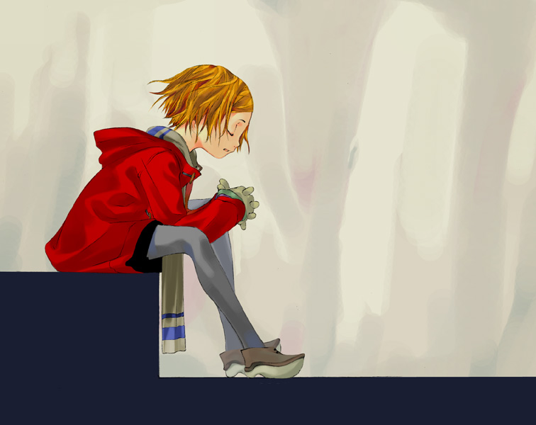 rakuraku, closed eyes, gloves, pantyhose, scarf, short hair, sitting, solo