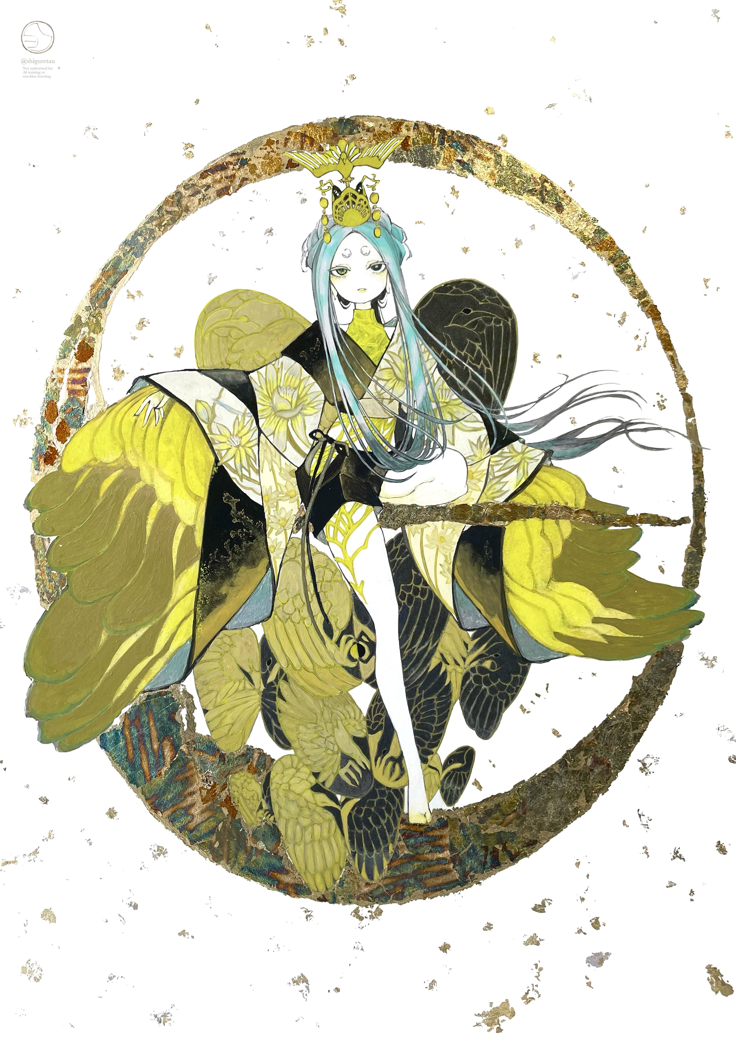 shiguretau, original, absurdres, highres, 1girl, aqua hair, bare legs, black eyes, colored eyelashes, colored skin, crown, double bun, eyeshadow, floating hair, full body, gold crown, green eyes, hair bun, japanese clothes, kimono, leg tattoo, long hair, long sidelocks, makeup, multicolored eyes, multicolored kimono, narrowed eyes, obi, parted lips, print kimono, sash, shirt, sidelocks, simple background, sleeveless, sleeveless shirt, solo, tattoo, thick eyebrows, turtleneck, turtleneck shirt, two-tone eyes, very long hair, very long sidelocks, white eyelashes, white skin, wide sleeves, wings, yellow eyeshadow, yellow shirt