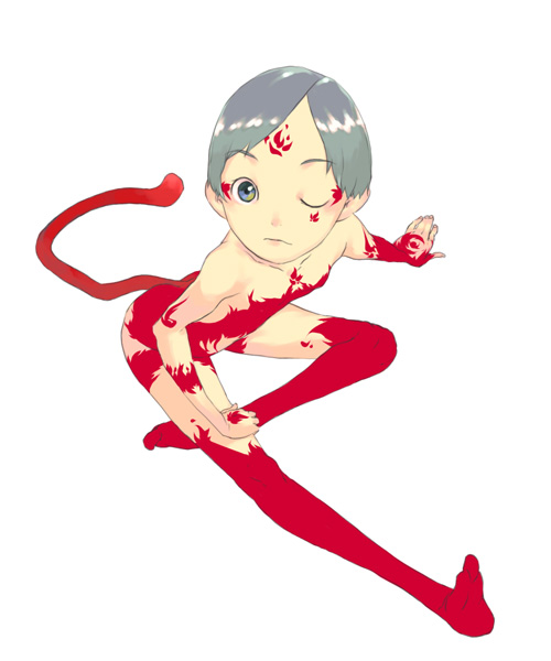 rakuraku, 1girl, bodypaint, cat tail, demon, demon girl, female focus, flat chest, grey hair, nude, one eye closed, painted-on, short hair, solo, tail, thighhighs, wink