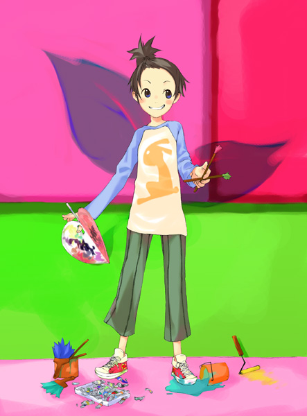 rakuraku, messy, 1girl, art brush, female focus, paint, paint palette, paintbrush, painting (action), solo, spill