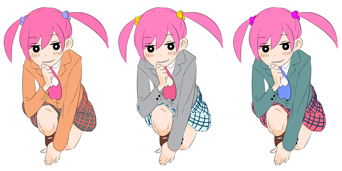 rakuraku, necktie, pink hair, skirt, twintails