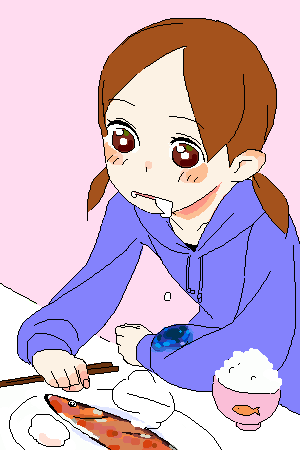 rakuraku, lowres, blush, food, hood, hoodie, oekaki, saliva, solo