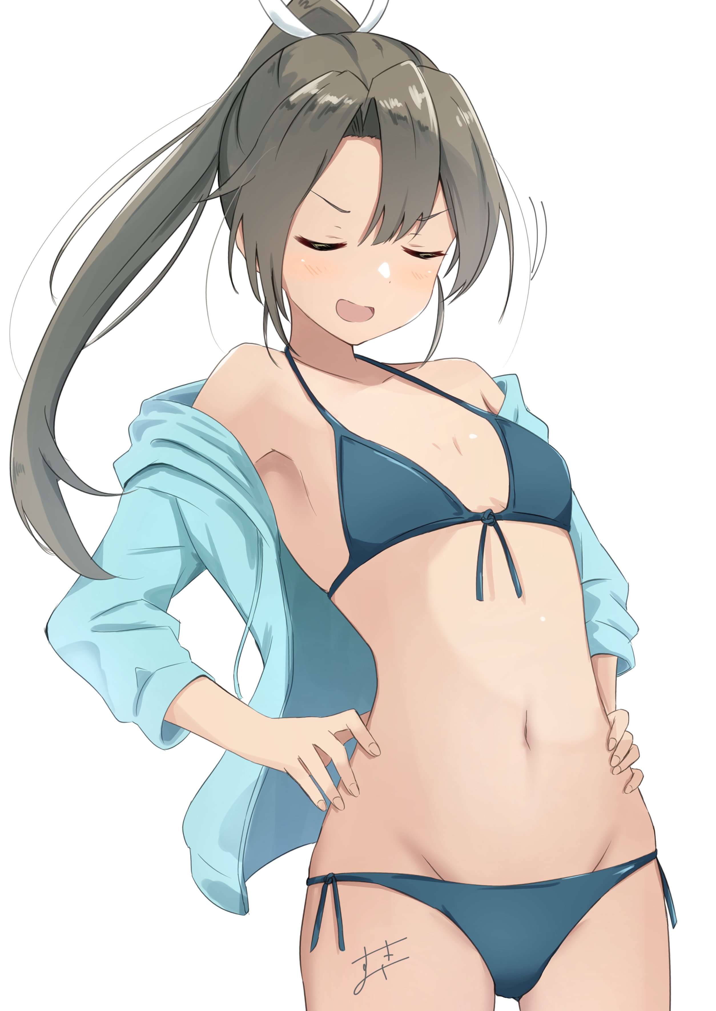 sukimizaki, zuikaku (kancolle), zuikaku (swimsuit) (kancolle), zuikaku kai ni (kancolle), kantai collection, absurdres, highres, 1girl, bikini, blue bikini, blue jacket, breasts, closed eyes, front-tie bikini top, front-tie top, grey hair, groin, hands on own hips, hood, hooded jacket, jacket, jacket over swimsuit, leaning forward, long hair, navel, official alternate costume, official alternate hairstyle, ponytail, side-tie bikini bottom, simple background, small breasts, solo, swimsuit, white background