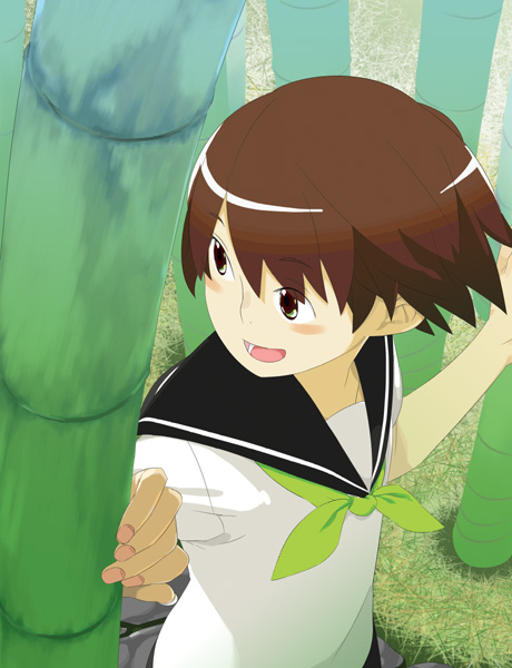 rakuraku, bamboo, brown hair, looking back, nail polish, school uniform, serafuku, short hair, solo