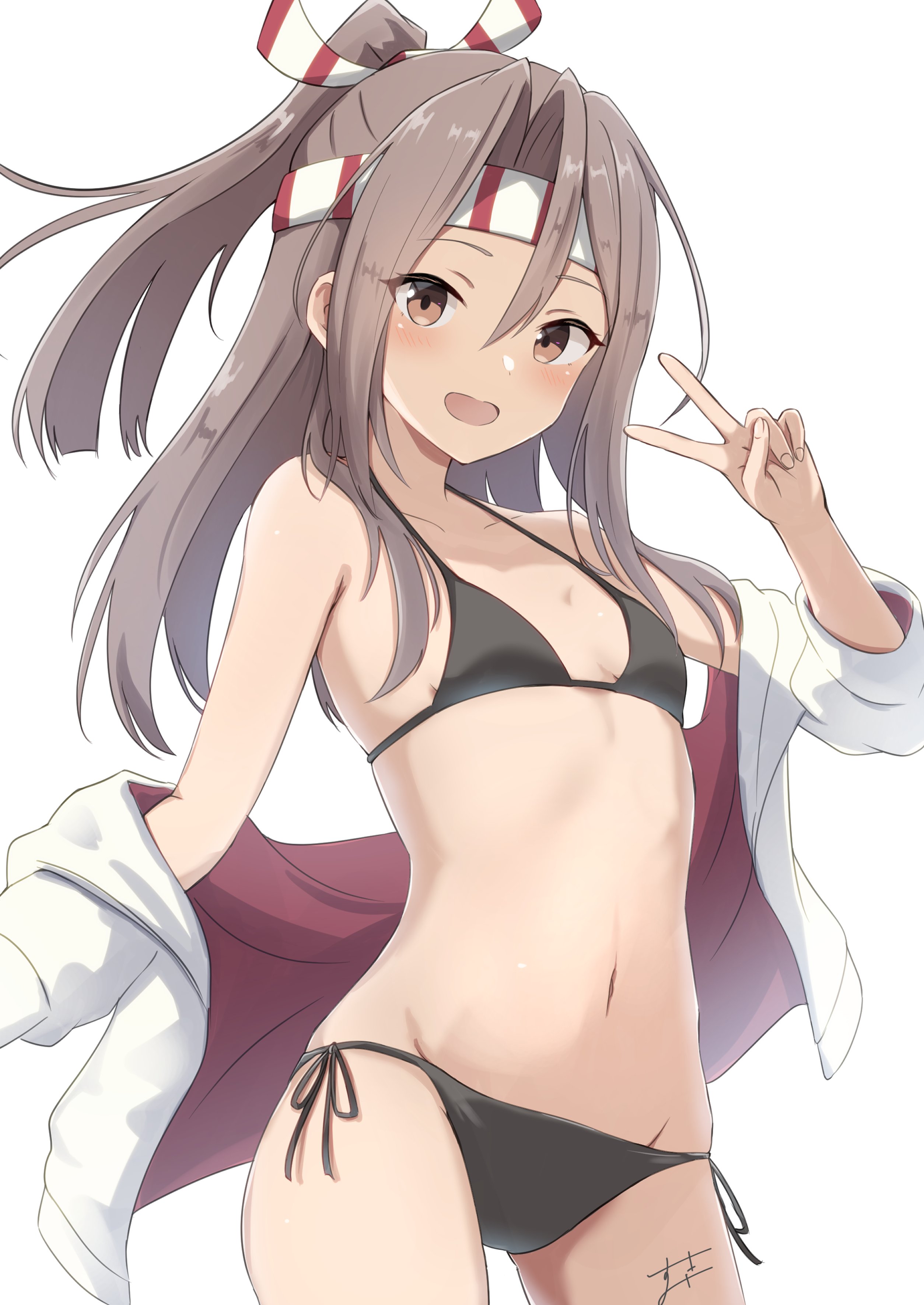 sukimizaki, zuihou (kancolle), kantai collection, absurdres, commentary request, highres, 1girl, alternate costume, bikini, black bikini, breasts, brown eyes, contrapposto, grey hair, groin, hachimaki, headband, high ponytail, jacket, long hair, navel, ponytail, side-tie bikini bottom, simple background, small breasts, solo, striped headband, swimsuit, v, white background, white jacket