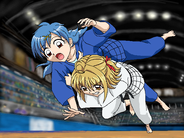 ankoku tiger, houshou hanon, nanami lucia, mermaid melody pichi pichi pitch, non-web source, 00s, 2girls, battle, dougi, judo, judogi, judoka, multiple girls, oekaki, official style