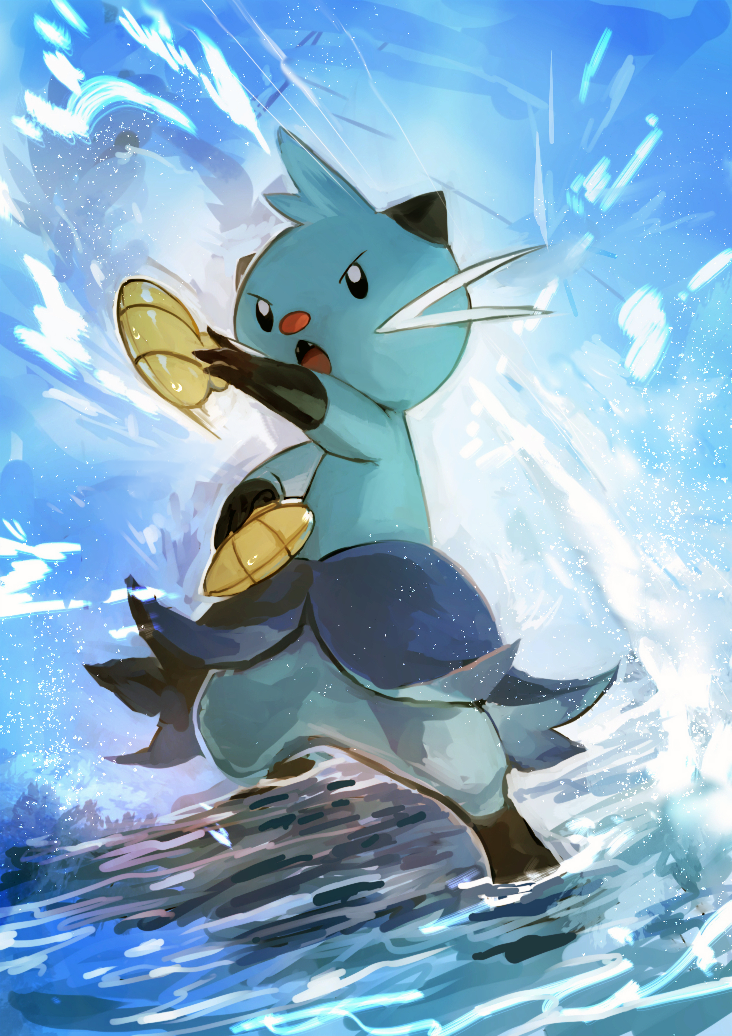 day walker1117, dewott, nintendo, pokemon, absurdres, commentary request, highres, :o, black eyes, day, fangs, gen 5 pokemon, holding seashell, no humans, open mouth, outdoors, pokemon (creature), pokemon focus, seashell, shell, solo, standing, water