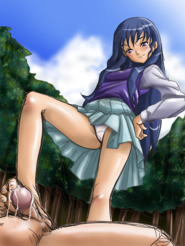 akaga hirotaka, menori, menori visconti, madhouse, mujin wakusei survive, 00s, 1girl, bad anatomy, bad feet, barefoot, blue hair, cum, feet, footjob, hands on own hips, long hair, panties, pantyshot, penis, poorly drawn, purple eyes, purple sweater vest, solo focus, sweater vest, uncensored, underwear, upskirt