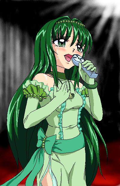 ankoku tiger, touin rina, touin rina (idol), mermaid melody pichi pichi pitch, non-web source, 00s, 1girl, female focus, indoors, microphone, oekaki, solo, spotlight
