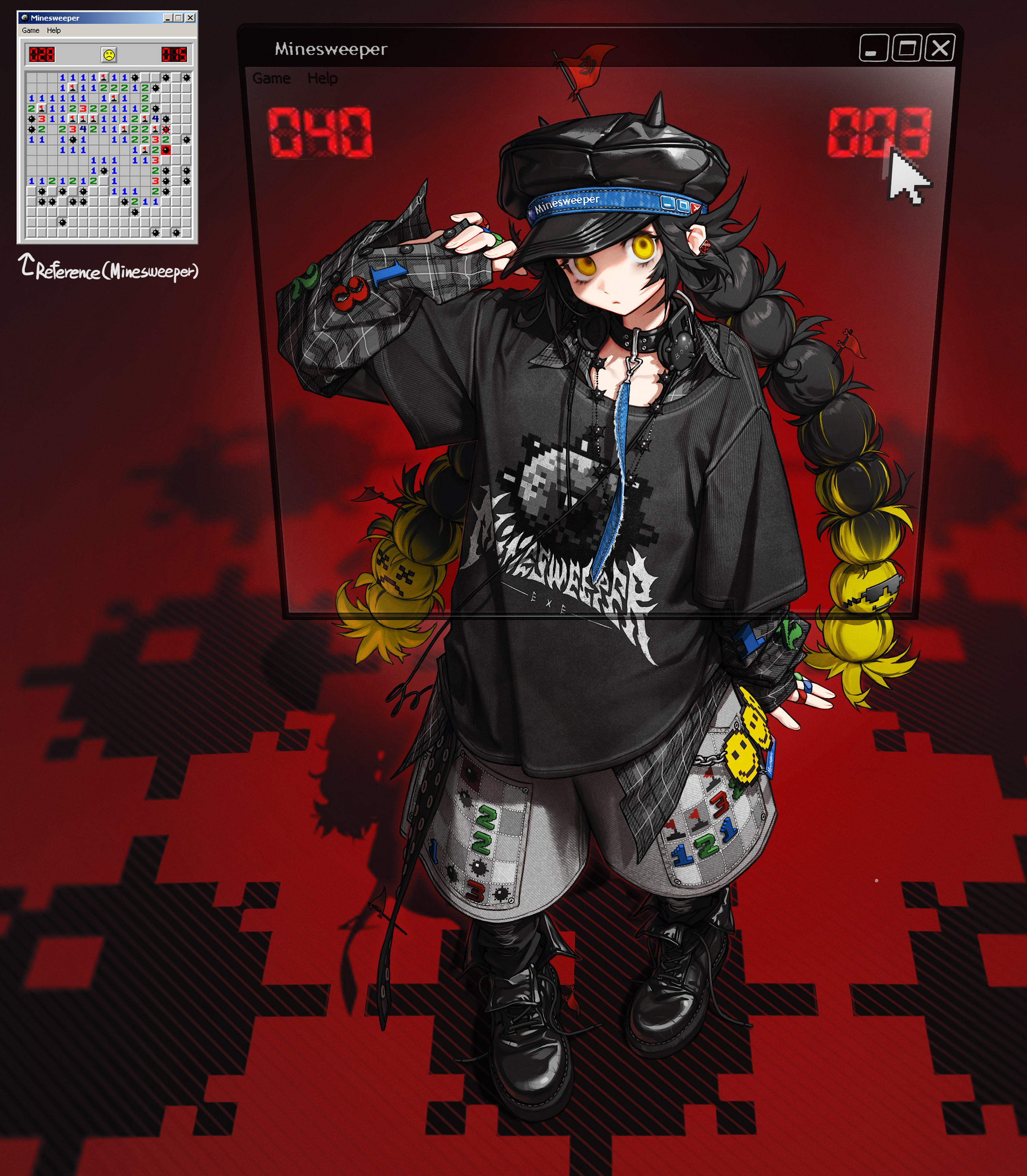 rinotuna, minesweeper, original, absurdres, commentary, english commentary, highres, 1girl, arm up, black background, black boots, black collar, black hair, black hat, blonde hair, boots, braid, clothes writing, collar, cursor, english text, explosive, full body, grey shorts, hat, horned hat, jewelry, long hair, looking at viewer, mine (weapon), mini flag, multicolored hair, multiple rings, necklace, peaked cap, red background, red flag, reference inset, ring, shorts, solo, twin braids, two-tone background, two-tone hair, window (computing), yellow eyes