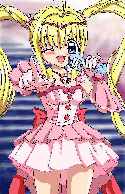 ankoku tiger, nanami lucia, nanami lucia (idol), nanami lucia (super idol), mermaid melody pichi pichi pitch, non-web source, 00s, microphone, oekaki, official style, solo, stairs