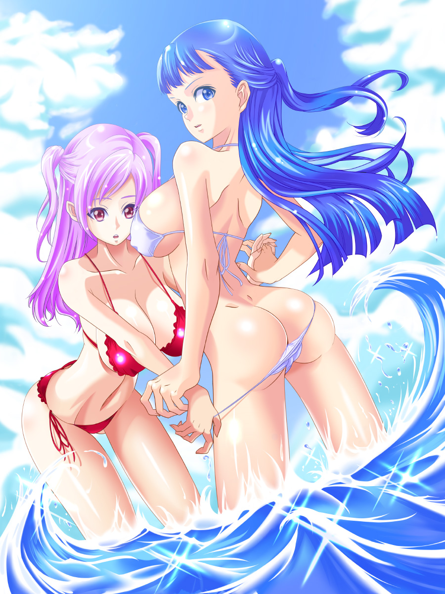 tamawo, original, light purple hair, bad id, bad pixiv id, highres, 2girls, :o, arched back, ass, assisted exposure, back, bent over, bikini, bikini pull, blue eyes, blue hair, blunt bangs, breasts, clothes pull, cloud, collarbone, covered erect nipples, day, dimples of venus, dutch angle, floating hair, frilled bikini, frills, from side, groin, half updo, holding another's wrist, holding hands, huge breasts, interlocked fingers, large breasts, legs apart, long hair, looking at viewer, looking back, multiple girls, navel, ocean, open mouth, outdoors, panties, panty pull, parted bangs, parted lips, pink eyes, pink hair, pulling another's clothes, red bikini, shiny skin, side-tie bikini bottom, sideboob, skindentation, sky, sparkle, standing, strap gap, string bikini, surprised, swimsuit, two side up, underwear, wading, water, water drop, white bikini, yuri