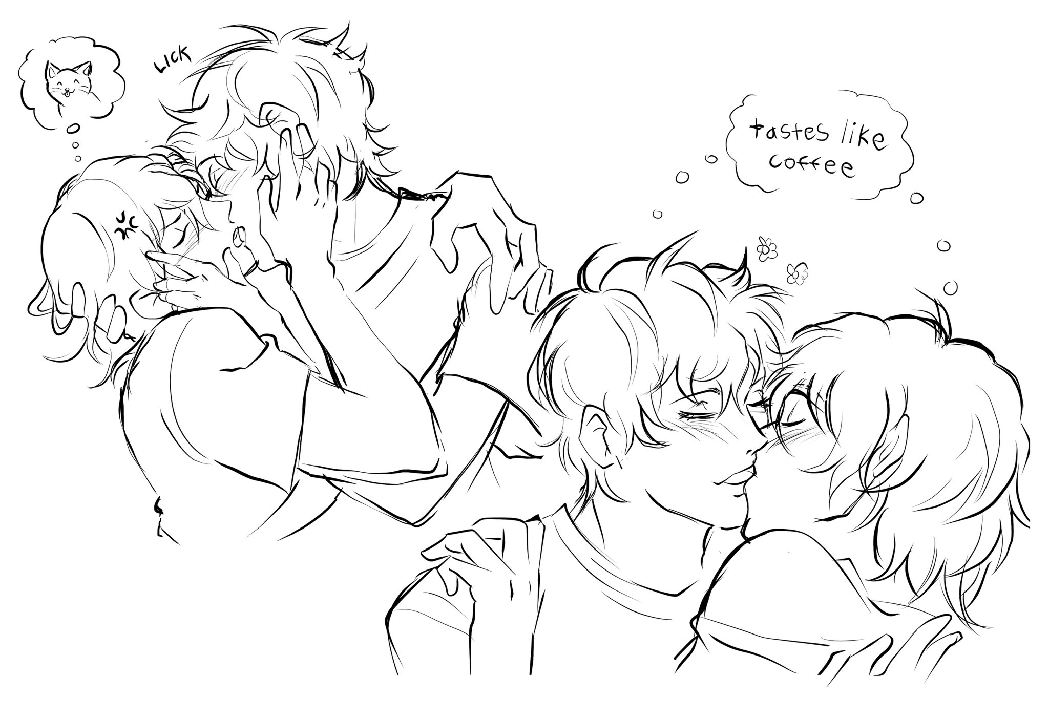 akechi gorou, amamiya ren, persona, persona 5, highres, 2boys, anger vein, closed eyes, french kiss, hand on another's cheek, hand on another's face, hand on another's head, kiss, multiple boys, short hair, sketch, unifybullseye, yaoi