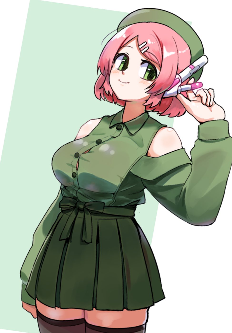 saruyama ushirou, momone momo, utau, highres, 1girl, adjusting headphones, alternate costume, alternate hairstyle, bare shoulders, beret, black thighhighs, buttons, closed mouth, clothing cutout, collared shirt, green eyes, green hat, green ribbon, green shirt, green skirt, hair ornament, hairclip, hat, looking to the side, pink hair, pleated skirt, ribbon, shirt, short hair, shoulder cutout, skirt, smile, solo, thighhighs