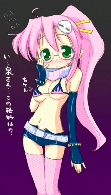 takara miyuki, yoko littner, lucky star, tengen toppa gurren lagann, lowres, translated, 1girl, bikini, bikini top only, blush, breasts, cosplay, female focus, glasses, gloves, gradient background, green eyes, pink hair, ponytail, short shorts, shorts, solo, swimsuit, thighhighs, underboob, yoko littner (cosplay)