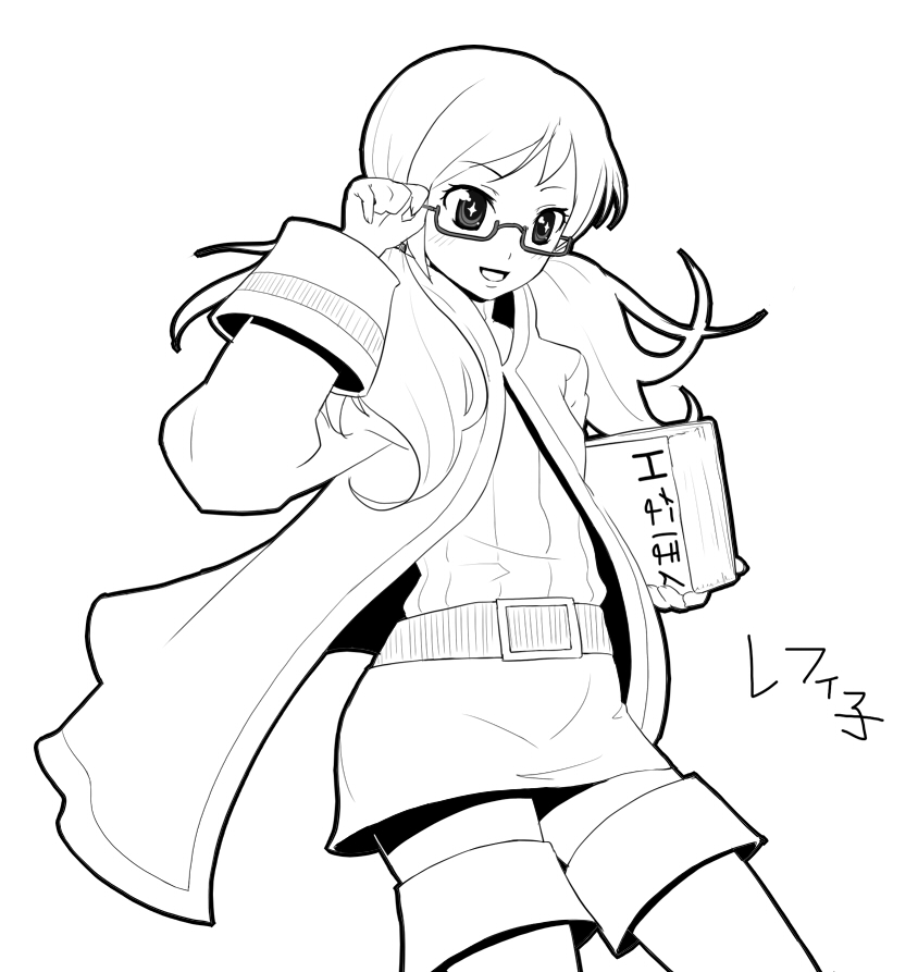 itou life, adjusting eyewear, book, boots, coat, glasses, greyscale, miniskirt, monochrome, skirt, solo, thigh boots, thighhighs, zettai ryouiki