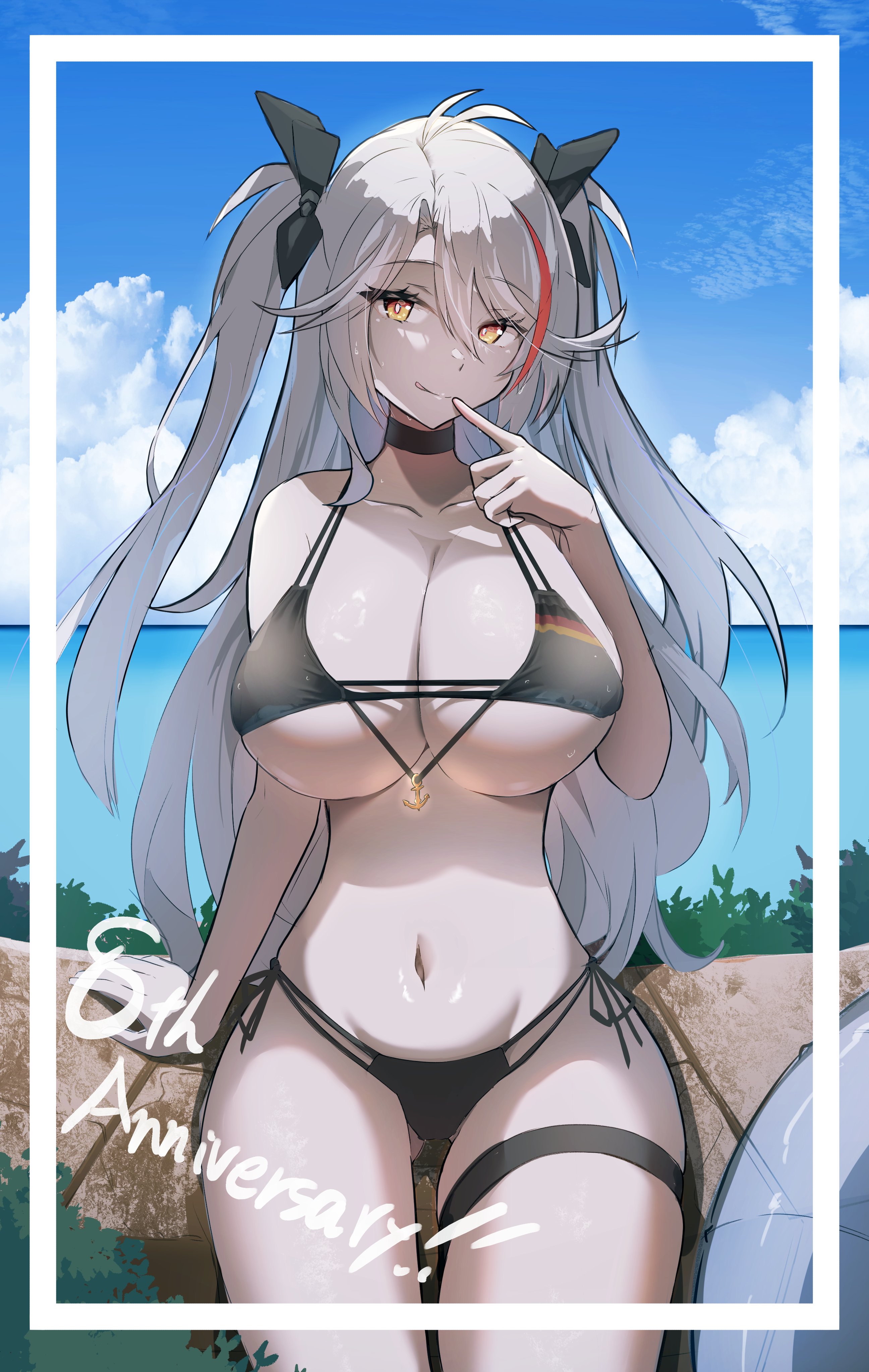 j yak47, prinz eugen (azur lane), prinz eugen (unfading smile) (azur lane), azur lane, absurdres, highres, 1girl, anniversary, bikini, black bikini, breasts, finger to mouth, flag print, flag print bikini, german flag bikini, grey hair, huge breasts, long hair, multi-strapped bikini bottom, navel, on rock, print bikini, red streaks, side-tie bikini bottom, sitting, solo, swimsuit, very long hair, yellow eyes