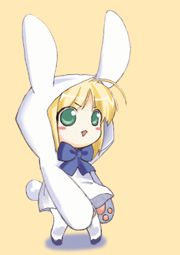 artoria pendragon (fate), saber (fate), fate/stay night, fate (series), animated, animated gif, lowres, translated, 00s, alternate costume, animal costume, animal ears, blinking, blush, bow, bowtie, chibi, happy, rabbit costume, rabbit ears