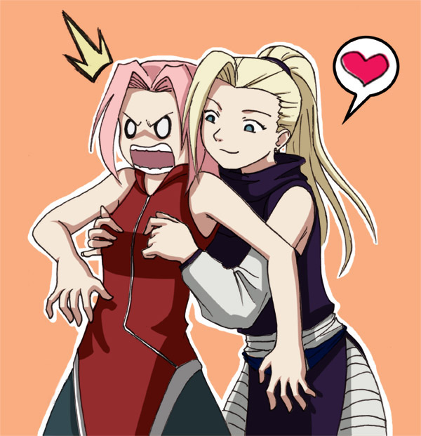haruno sakura, yamanaka ino, naruto (classic), naruto (series), artist request, 2girls, ^^^, angry, bare shoulders, blonde hair, breasts, female focus, from behind, grabbing another's breast, groping, heart, long hair, multiple girls, naughty face, open mouth, pink hair, pinky out, ponytail, short hair, small breasts, surprised, surprised arms, yuri