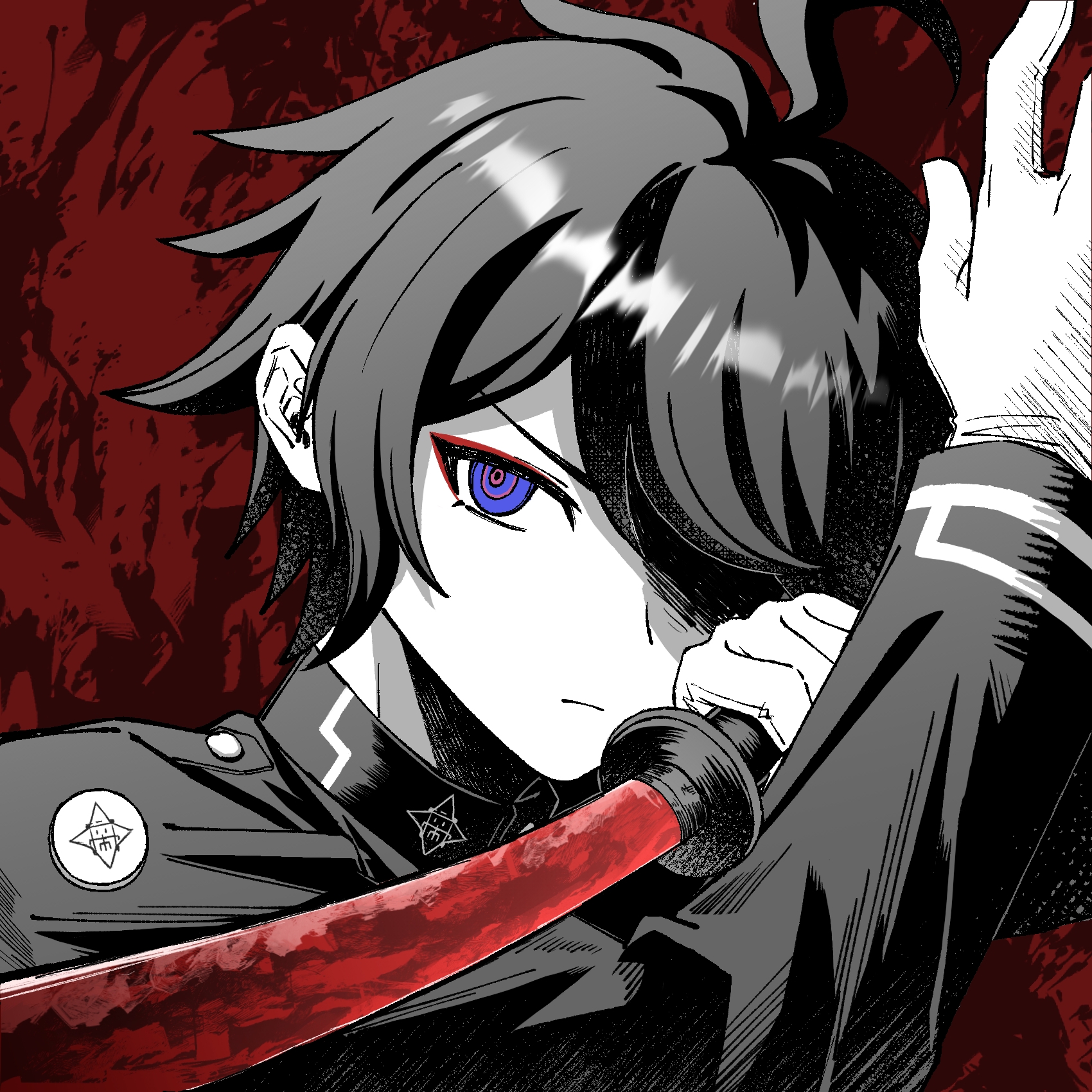 sumino takumi, the hundred line -last defense academy-, chinese commentary, commentary request, highres, 1boy, ahoge, arm up, blue eyes, closed mouth, eyeliner, gloves, greyscale with colored background, hair over one eye, holding, holding sword, holding weapon, jacket, last defense academy school uniform, makeup, male focus, rangxiangrikuikaimanxiboliya, red background, red eyeliner, school uniform, short hair, solo, spot color, sword, weapon