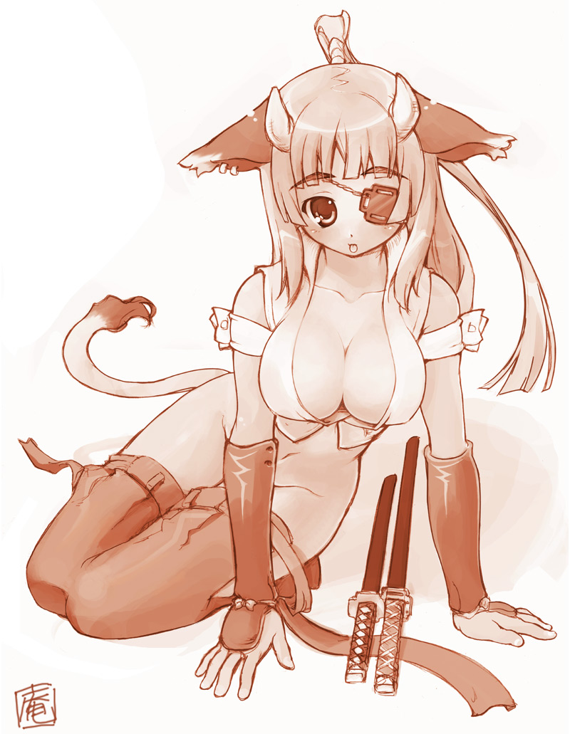1girl, animal ears, boots, breasts, cleavage, cow, cow ears, cow girl, cow tail, eyepatch, female focus, horns, katana, large breasts, monochrome, no panties, solo, sword, tail, thigh boots, thighhighs, weapon