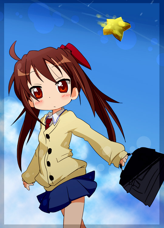 ixy, nagamori yamato, lucky star, 00s, 1girl, ahoge, bag, blush, brown hair, cloud, day, female focus, long hair, necktie, red eyes, school bag, school uniform, serafuku, skirt, sky, solo, star (symbol), twintails
