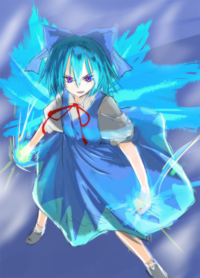 gotyou, cirno, embodiment of scarlet devil, touhou, bad id, bad pixiv id, 1girl, blue eyes, blue hair, bow, female focus, fighting stance, glowing, hair bow, ice, ice wings, large bow, magic, matching hair/eyes, serious, short hair, sketch, solo, tsurime, wings
