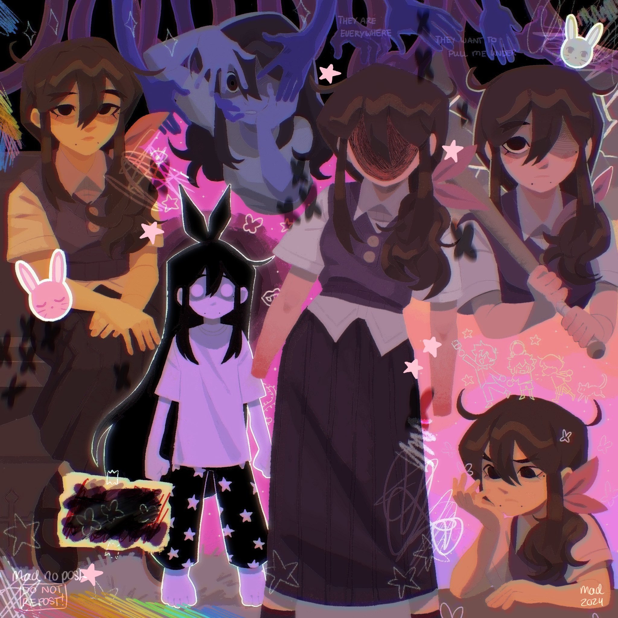 madnopost, aubrey (faraway) (omori), aubrey (headspace) (omori), aubrey (omori), omori, highres, 2024, 2girls, alternate costume, alternate hairstyle, alternate universe, artist name, baseball bat, black eyes, black hair, black shoes, black skirt, black socks, black sweater vest, closed mouth, collared shirt, colored skin, double-parted bangs, dual persona, english text, hair between eyes, hair ribbon, holding, holding baseball bat, long hair, long skirt, looking at viewer, low ponytail, mole, mole under eye, mole under mouth, multiple girls, pink ribbon, pleated skirt, ponytail, ribbon, shirt, shoes, short sleeves, sitting, skirt, socks, sweater vest, white shirt, white skin