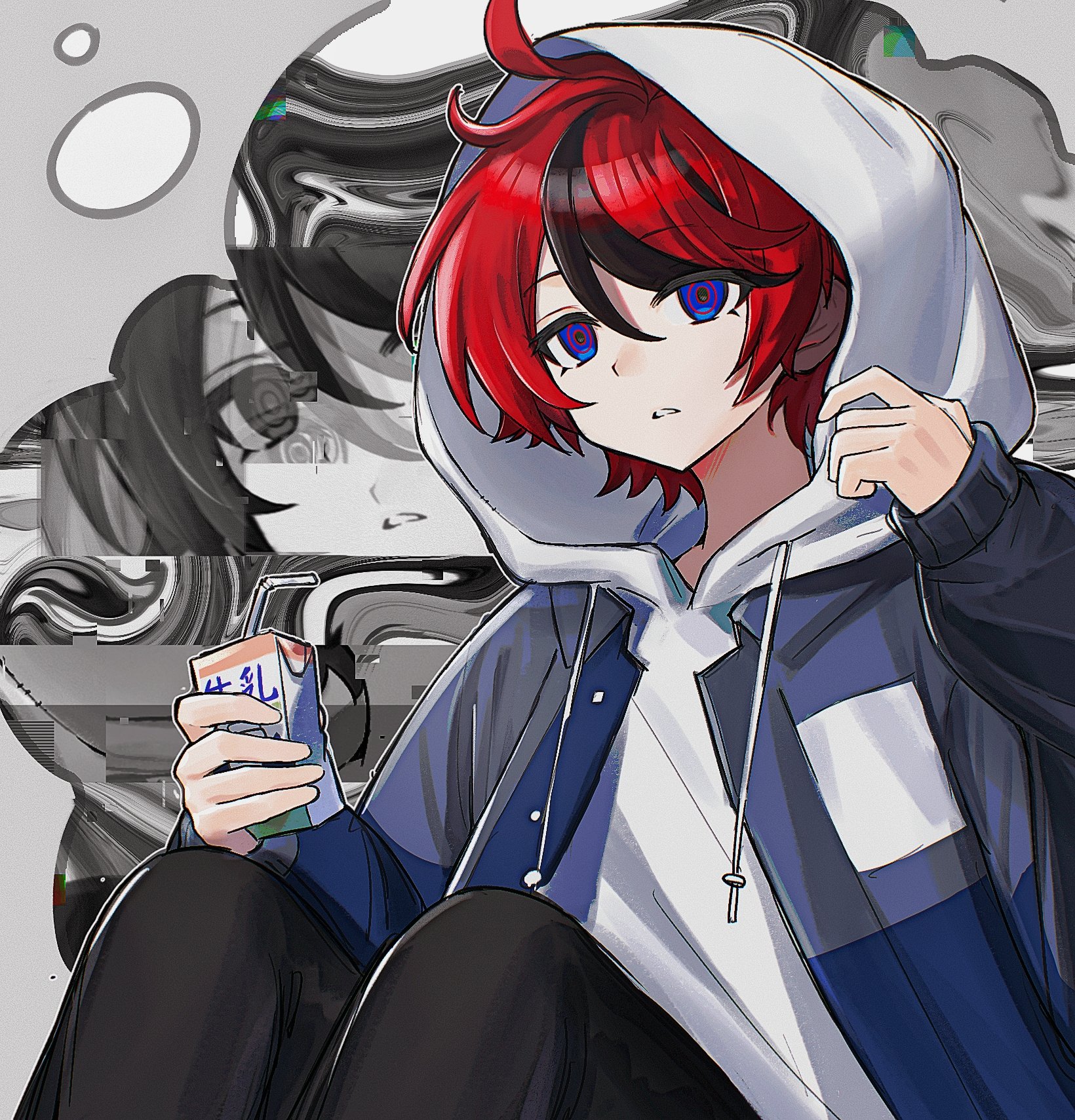 sumino takumi, the hundred line -last defense academy-, commentary, highres, symbol-only commentary, 1boy, ahoge, black hair, black pants, blue eyes, blue jacket, distortion, drawstring, eyes visible through hair, grey jacket, hair between eyes, hand up, holding juice box, hood, hood up, hoodie, jacket, jacket over hoodie, long sleeves, male focus, multicolored hair, multicolored jacket, nomei, open clothes, open jacket, pants, red hair, short hair, sitting, solo, streaked hair, two-tone hair, two-tone jacket, white hoodie, zoom layer