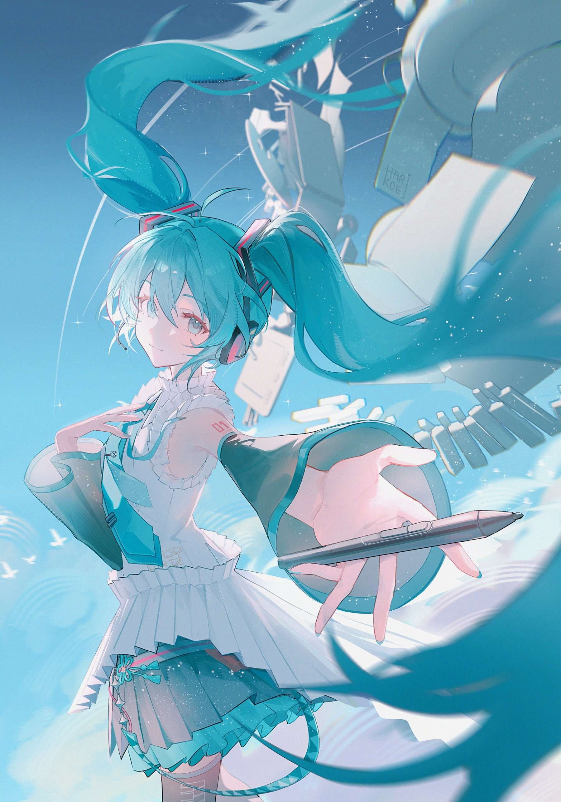 harikoe, hatsune miku, vocaloid, absurdres, highres, 1girl, aqua eyes, aqua hair, aqua necktie, bare shoulders, black skirt, black sleeves, blue necktie, blue sky, closed mouth, collared shirt, cowboy shot, detached sleeves, floating hair, foreshortening, frilled shirt, frills, hair between eyes, hair ornament, hand on own chest, hatsune miku happy 16th birthday -dear creators-, headphones, long hair, looking at viewer, necktie, number tattoo, outstretched arm, piano keys, pleated skirt, reaching, reaching towards viewer, see-through clothes, see-through sleeves, shirt, shoulder tattoo, skirt, sky, sleeveless, sleeveless shirt, smile, solo, tattoo, thighhighs, twintails, very long hair, white shirt