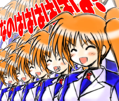 takamachi nanoha, lyrical nanoha, mahou shoujo lyrical nanoha, mahou shoujo lyrical nanoha strikers, lowres, 00s, 6+girls, :d, ^ ^, blush, clone, closed eyes, collar, military, military uniform, multiple girls, multiple persona, open mouth, side ponytail, smile, upper body