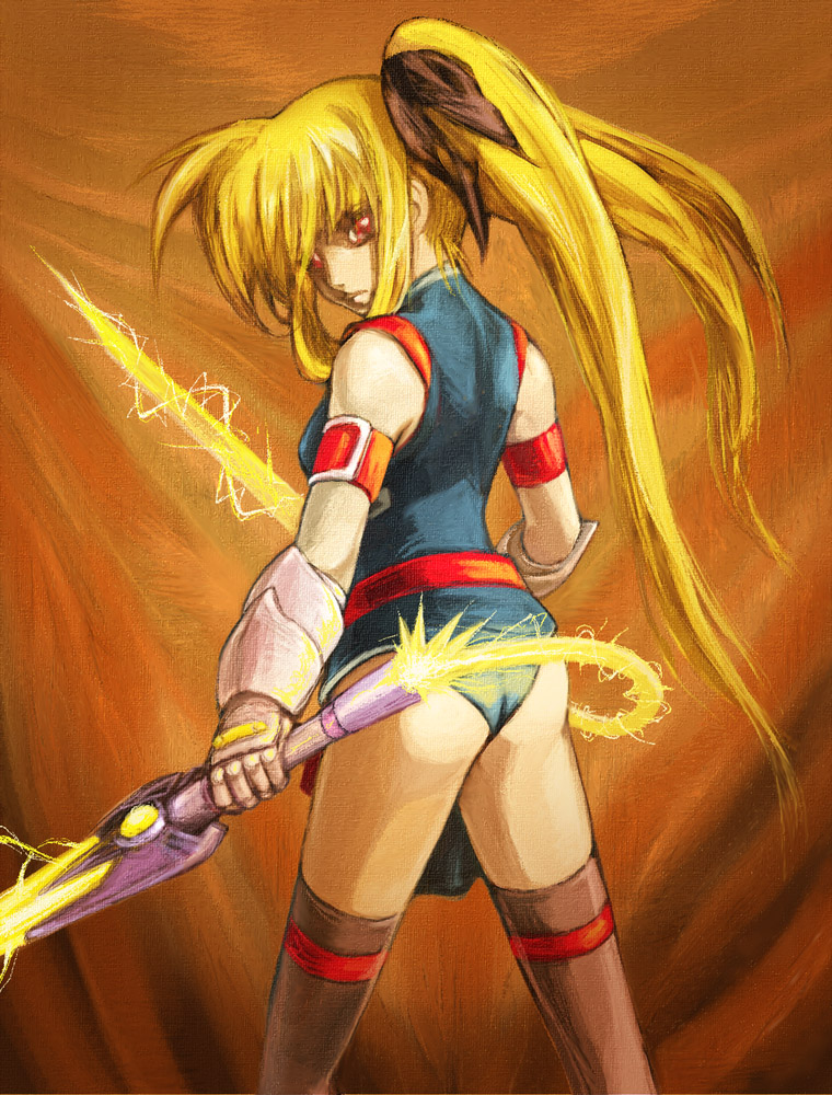 shirogane kihen, bardiche (nanoha), bardiche (riot zanber stinger) (nanoha), fate testarossa, fate testarossa (true sonic form), lyrical nanoha, mahou shoujo lyrical nanoha, mahou shoujo lyrical nanoha strikers, traditional media, 00s, 1girl, armband, armor, ass, belt, blonde hair, dual wielding, female focus, from behind, hair ribbon, holding, long hair, looking back, red eyes, ribbon, solo, sword, thighhighs, turtleneck, twintails, weapon