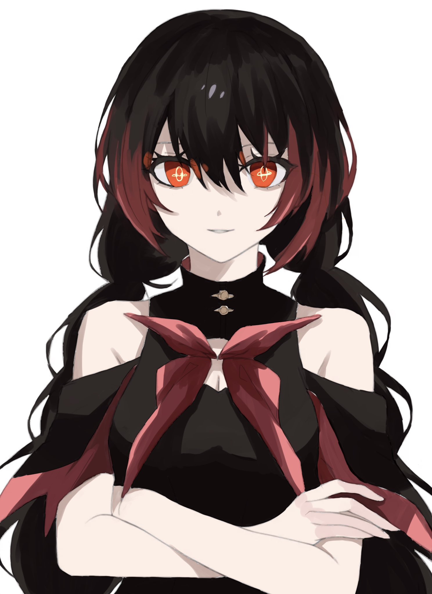 pucchi blanket, cradle (pgr), punishing: gray raven, highres, 1girl, black dress, black hair, braid, clothing cutout, crossed legs, dress, hair between eyes, long hair, looking at viewer, magic circle, parted lips, red eyes, red streaks, shoulder cutout, sidelocks, solo, symbol-shaped pupils, twin braids