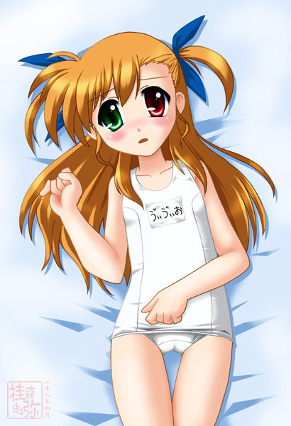 neopure, vivio, lyrical nanoha, mahou shoujo lyrical nanoha, mahou shoujo lyrical nanoha strikers, 00s, 1girl, female focus, flat chest, heterochromia, name tag, one-piece swimsuit, school swimsuit, solo, swimsuit, white one-piece swimsuit, white school swimsuit