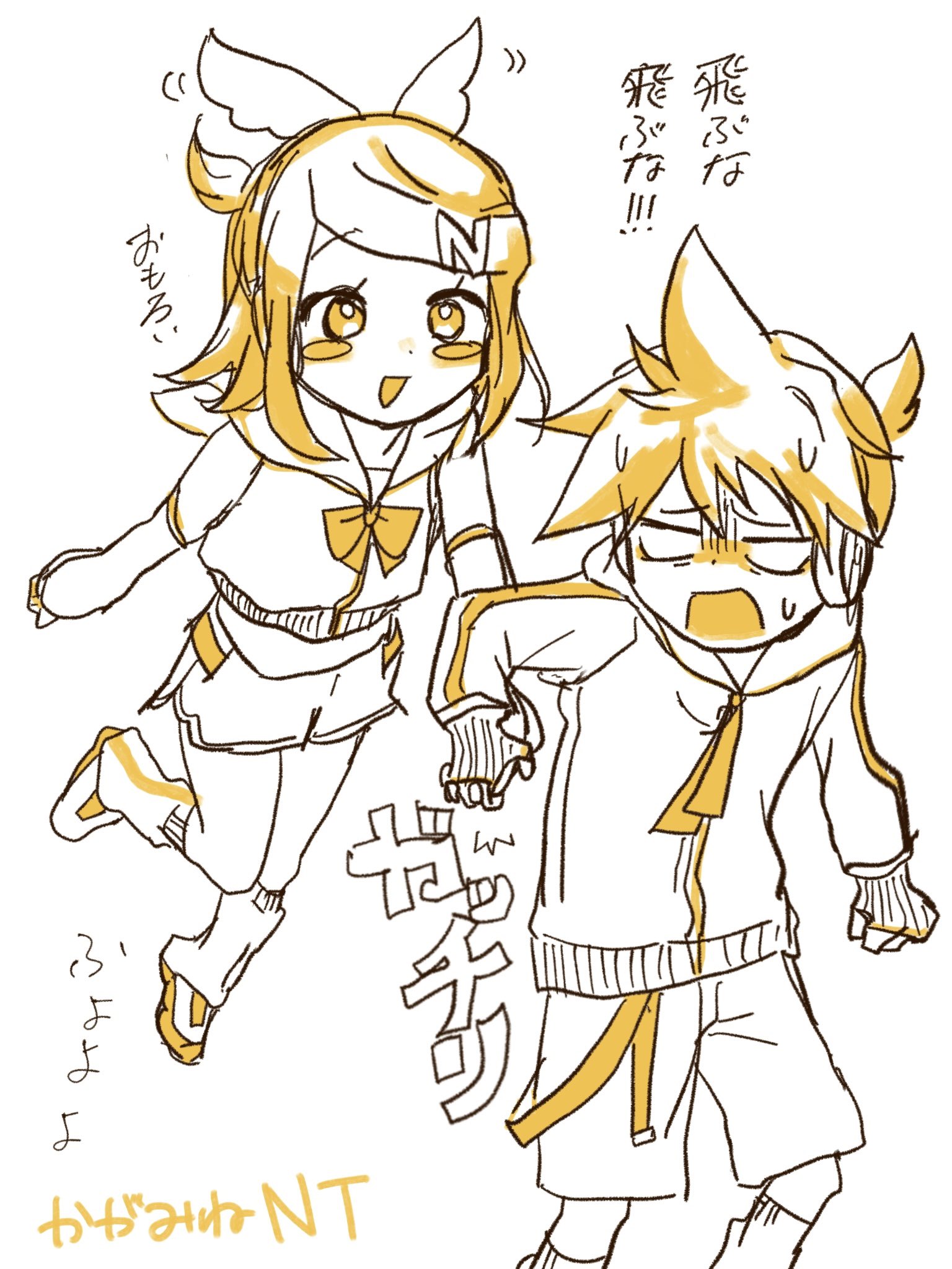 tukushi 6, kagamine rin, piapro studio, vocaloid, highres, 1boy, 1girl, bare shoulders, blush stickers, bow, detached sleeves, hair bow, hair ornament, hairclip, headphones, jacket, kagamine len (nt), kagamine rin (nt), leg warmers, looking at another, monochrome, open mouth, ponytail, sailor collar, shirt, short hair, short ponytail, shorts, sketch, sleeveless, sleeveless shirt, smile, spiked hair, sweat, sweatdrop, swept bangs