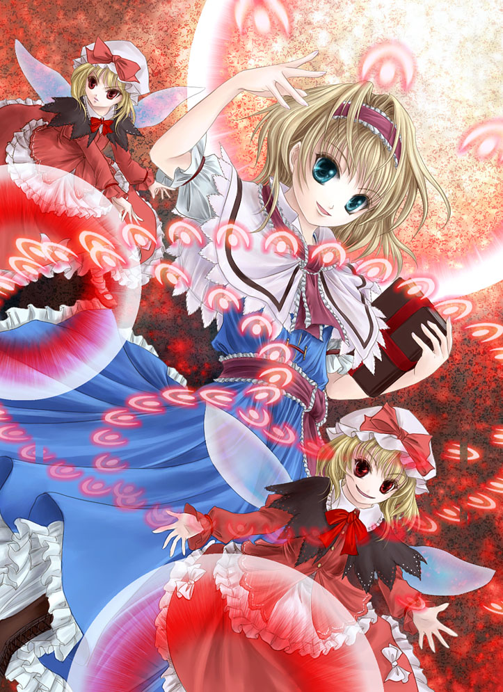 yuki shuuka, alice margatroid, touhou, 1girl, :d, belt, blue dress, blush, capelet, danmaku, doll, dress, fairy, fairy wings, female focus, flying, frills, hairband, looking at viewer, open mouth, short hair, smile, solo, tareme, wings