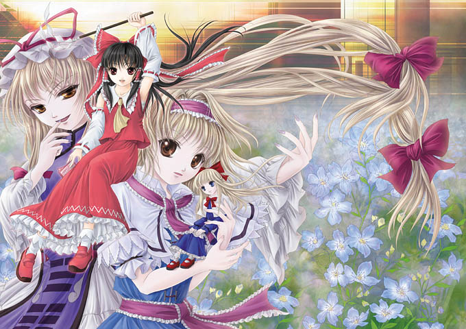 yuki shuuka, alice margatroid, hakurei reimu, shanghai doll, yakumo yukari, touhou, 3girls, arm up, ascot, blonde hair, brown hair, capelet, detached sleeves, female focus, field, finger to mouth, floating hair, flower, flower field, gohei, hair ribbon, hairband, hat, long hair, looking at viewer, multiple girls, ribbon, short hair, sidelocks, skirt, skirt set, smile, tabard, very long hair