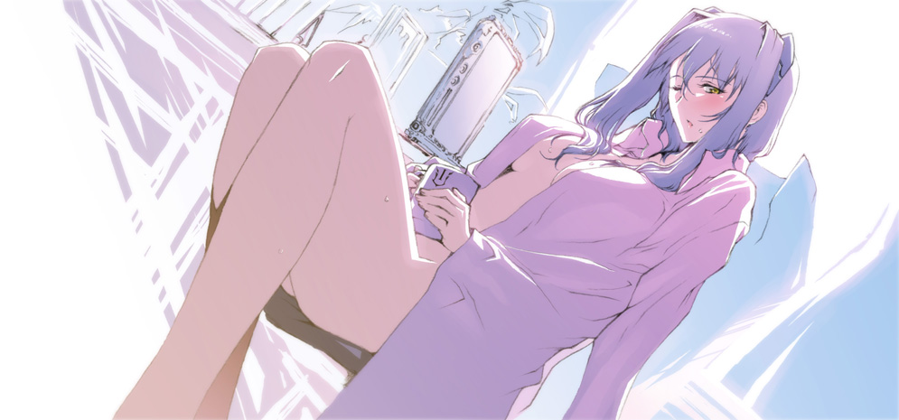 i-iv (longman), numbers (nanoha), uno (nanoha), lyrical nanoha, mahou shoujo lyrical nanoha strikers, 00s, 1girl, blush, bottomless, breasts, cup, dutch angle, female focus, hair ornament, large breasts, legs, mug, one eye closed, open clothes, open shirt, purple hair, shirt, short hair, sideboob, sitting, solo, sweat, yellow eyes