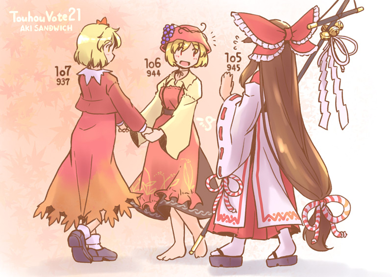 rangycrow, aki minoriko, aki shizuha, gensokyo's first hakurei miko, touhou, commentary request, 3girls, :d, aki sandwich (meme), apron, barefoot, bell, black skirt, blonde hair, blush, bow, brown hair, collar, flying sweatdrops, frilled bow, frills, from side, gohei, gradient background, grape hat ornament, grape vine, grey shoes, hair bow, hair ornament, hat, holding, holding gohei, holding hands, holding staff, kouhaku nawa, leaf, leaf hair ornament, long hair, long skirt, long sleeves, maple leaf, meme, mob cap, multiple girls, notice lines, okobo, open mouth, orange background, platform sandals, profile, red apron, red bow, red eyes, red hat, red shirt, red skirt, rope, sandals, shimenawa, shirt, shoes, short hair, sidelocks, skirt, smile, socks, staff, tabard, very long hair, wheat print, white collar, white sleeves, white socks, white tabard, yellow shirt