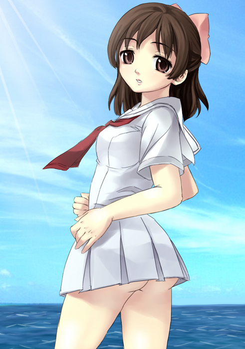 kimishima ao, aoi minamo, real drive, bad id, bad pixiv id, 1girl, ass, brown hair, dress, female focus, no panties, red eyes, school uniform, serafuku, short dress, solo