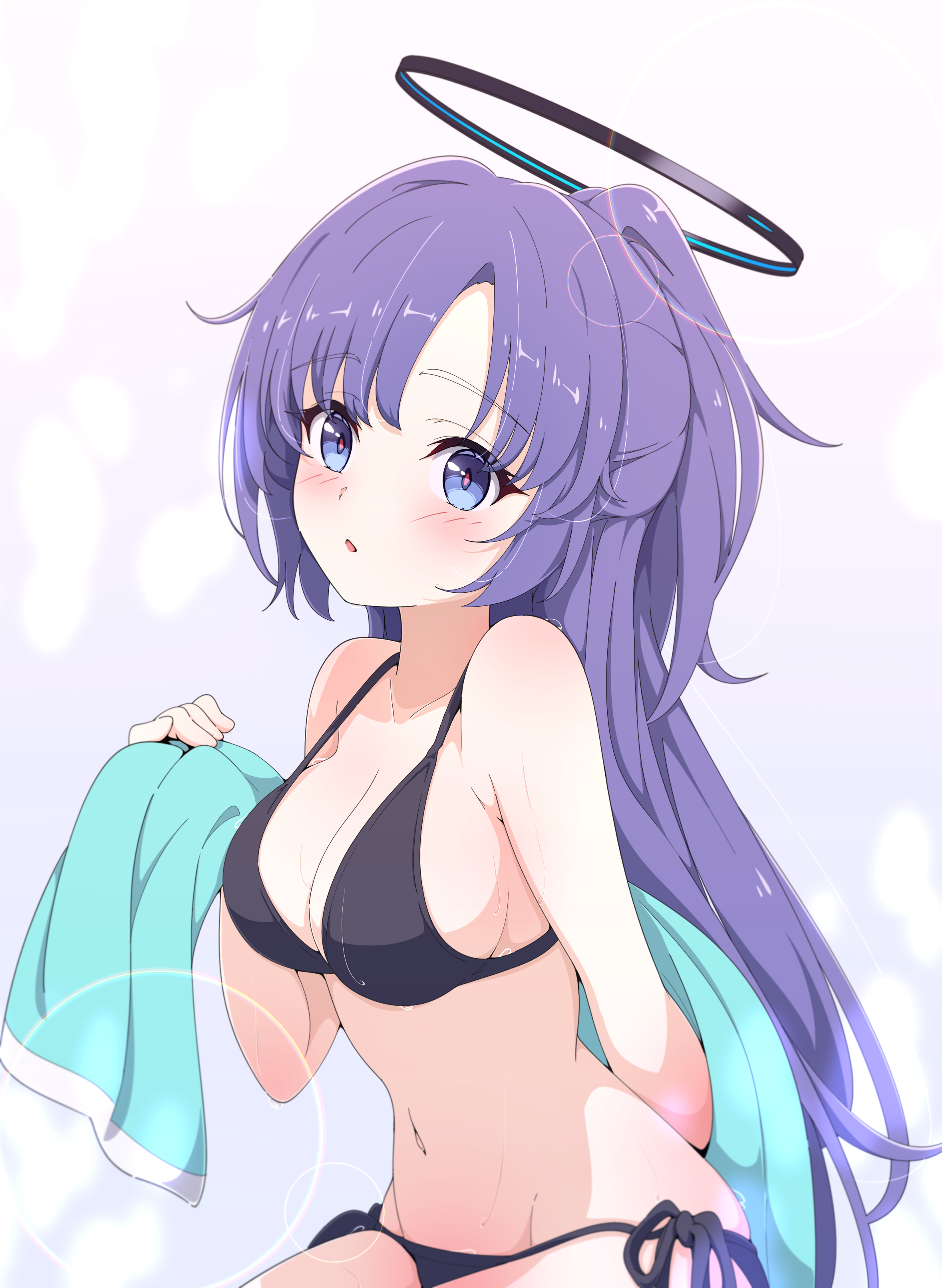 kame (nokonoko10271), yuuka (blue archive), blue archive, absurdres, highres, 1girl, bare arms, bare hips, bare shoulders, bikini, black bikini, black halo, breasts, cleavage, drying, halo, holding, holding towel, large breasts, long hair, looking at viewer, midriff, navel, ponytail, purple eyes, purple hair, short ponytail, side-tie bikini bottom, simple background, sitting, solo, swimsuit, towel, water, wet