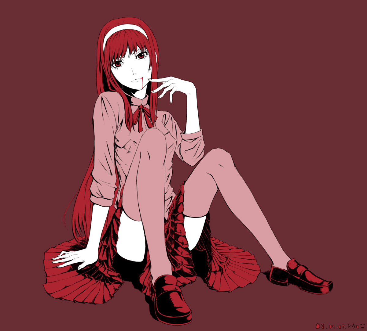 akitu kouta, tohno akiha, toono akiha, vermillion akiha, tsukihime, 00s, 1girl, blood, female focus, hairband, long hair, red eyes, red hair, red theme, sitting, skirt, solo, thighhighs