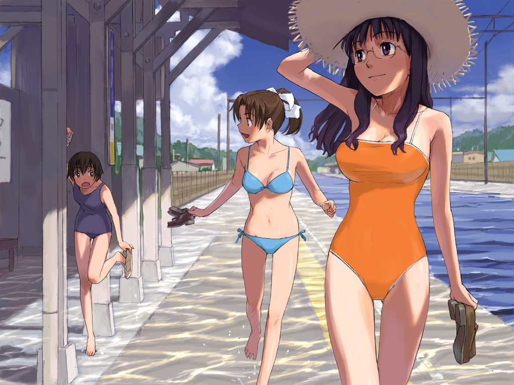 naruko hanaharu, original, 3girls, barefoot, bikini, blue bikini, blue eyes, brown hair, day, feet, flood, flooded, glasses, hand on headwear, hat, holding, holding shoes, holding unworn clothes, long hair, multiple girls, one-piece swimsuit, orange one-piece swimsuit, ponytail, purple hair, school swimsuit, shoes, short hair, side-tie bikini bottom, slice of life, straw hat, string bikini, sun hat, swimsuit, train station, unworn shoes, water
