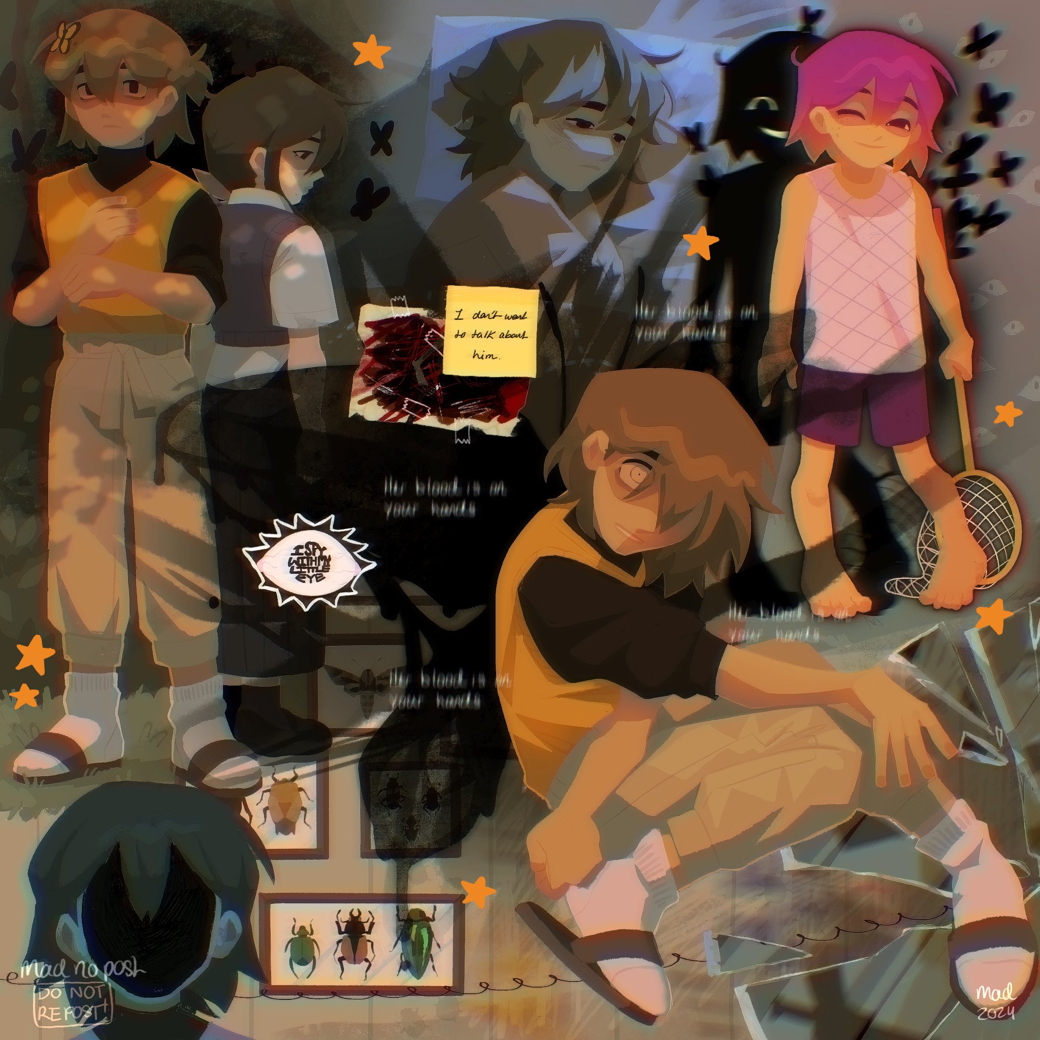 madnopost, aubrey (faraway) (omori), aubrey (omori), kel (faraway) (omori), kel (headspace) (omori), kel (omori), omori, highres, 1girl, 2024, 2boys, alternate costume, alternate eye color, alternate hair color, alternate hairstyle, alternate universe, artist name, black eyes, black hair, black shoes, black skirt, black sweater vest, brown hair, brown pants, butterfly net, character name, closed mouth, collared shirt, dark-skinned male, dark skin, double-parted bangs, dual persona, english text, flip-flops, gradient hair, hair ribbon, hand net, holding, holding butterfly net, long skirt, looking at viewer, low ponytail, multicolored hair, multiple boys, one eye closed, orange hair, pants, pink hair, pink ribbon, pink tank top, pleated skirt, ponytail, ribbon, sandals, shirt, shoes, short hair, short sleeves, skirt, socks, sticky note, sweater vest, tank top, two-tone hair, white shirt, white socks