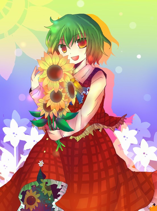 kazu (artist), kazu (muchuukai), kazami yuuka, touhou, 1girl, :d, ascot, female focus, flower, green hair, open mouth, plaid clothes, plaid skirt, plaid vest, red eyes, short hair, skirt, skirt set, smile, solo, sunflower, vest
