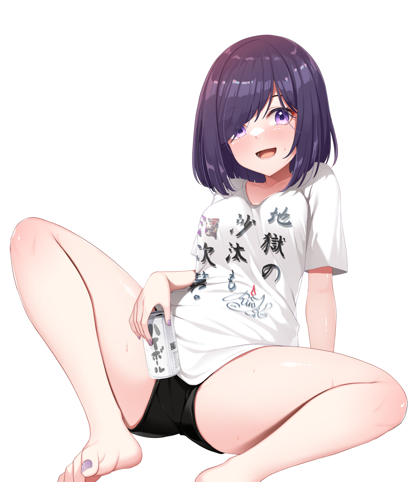 dodome-iro mayonnaise, komurasaki rin, indie virtual youtuber, highres, 1girl, :d, barefoot, black hair, black shorts, blush, breasts, can, drink, hair over one eye, holding, holding can, holding drink, looking at viewer, lower teeth only, open mouth, print shirt, purple eyes, shirt, short shorts, short sleeves, shorts, simple background, sitting, smile, solo, swept bangs, t-shirt, teeth, thighs, toes, tongue, virtual youtuber, white background, white shirt