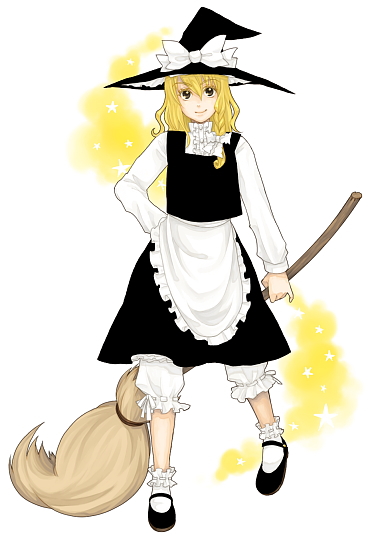 ameri, kirisame marisa, touhou, eyebrows, 1girl, apron, arm at side, black hat, black shoes, black skirt, black vest, blonde hair, bloomers, bow, braid, broom, closed mouth, female focus, frilled apron, frills, full body, hair between eyes, hair bow, hat, hat bow, hat ribbon, holding, holding broom, long hair, long sleeves, looking at viewer, mary janes, ribbon, shirt, shoes, skirt, smile, socks, solo, standing, star (symbol), underwear, vest, waist apron, white apron, white background, white bow, white ribbon, white shirt, white socks, witch, witch hat