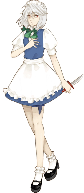 ameri, izayoi sakuya, touhou, silver hair, 1girl, braid, female focus, knife, short hair, solo, throwing knife, twin braids, weapon